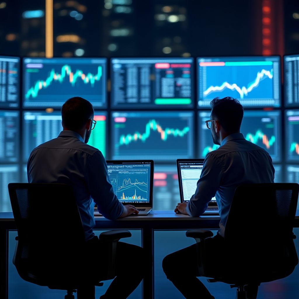 Equipo de análisis financiero trabajando con datos de mercado